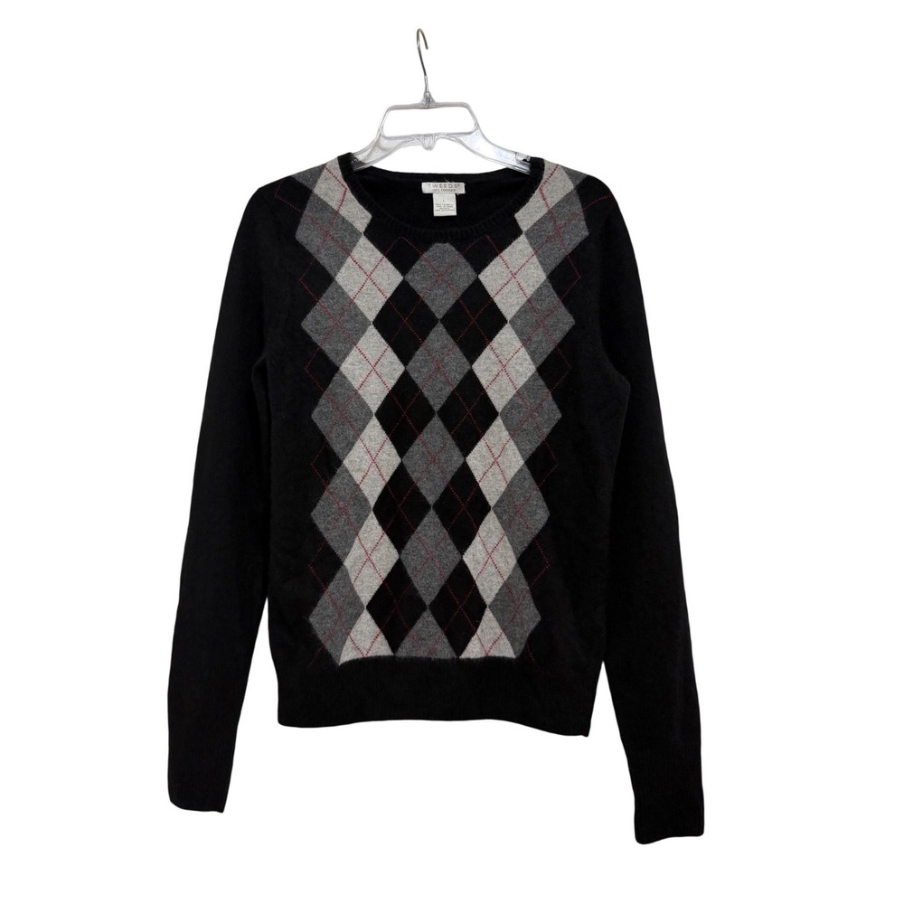 Tweeds 100% Cashmere Argyle Sweater Black Grey White Red Crewneck Womens Large